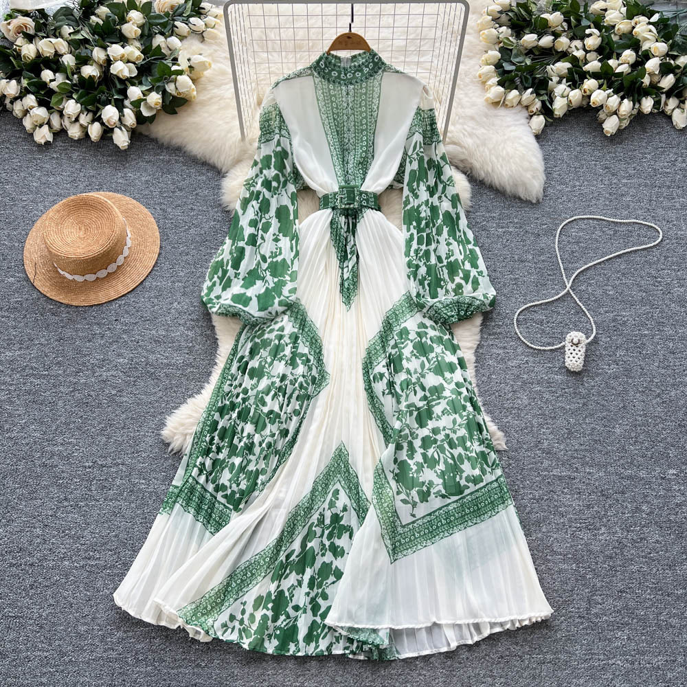 High-end elegant women's dress  new french style tie-waist lantern sleeve placement print pleated maxi dress