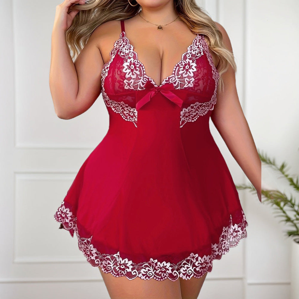 European and american hot-selling plus size lingerie: lace-trimmed see-through sexy nightgown, mesh suspender nightdress d254