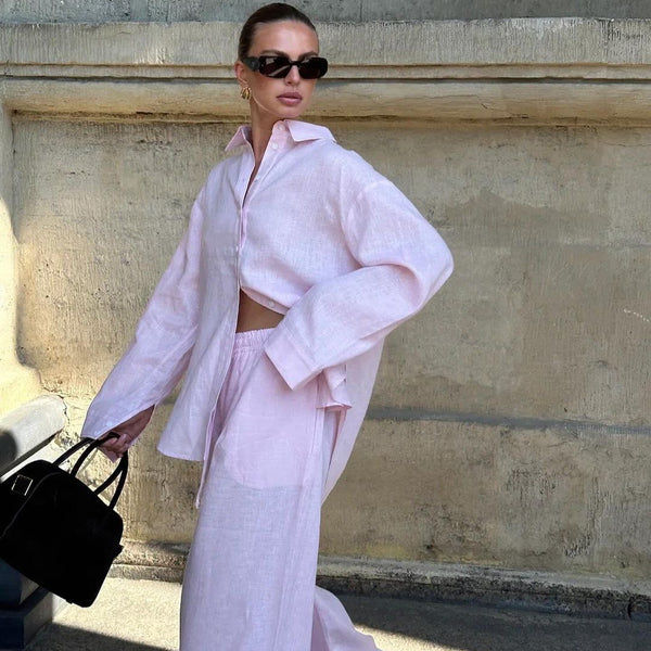 2025 Lazy French Loose Pink Set European and American Cross-border 100% Cotton Casual Shirt Long Sleeve Top Long Pants