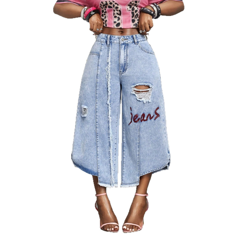 European and american style women's patchwork distressed cropped wide-leg jeans with letter print and washed finish - export quality