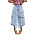 European and american style women's patchwork distressed cropped wide-leg jeans with letter print and washed finish - export quality