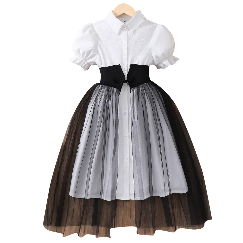 Girls' (tall) solid color short-sleeve polo collar dress with waist tie and mesh panel detail