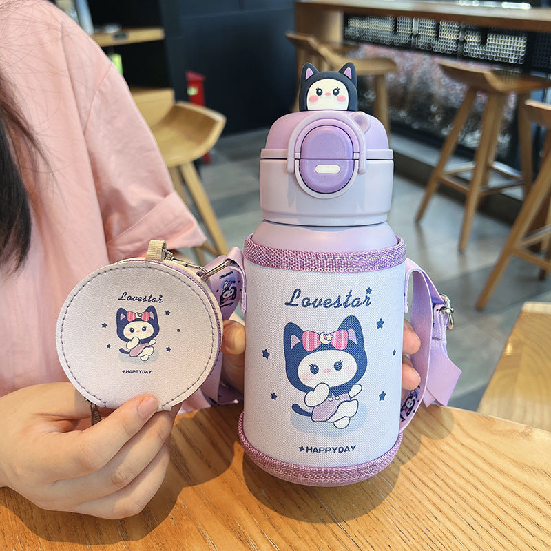 New cartoon character double-drink kids' thermos cup, 316 stainless steel food-grade water bottle with sleeve and straw