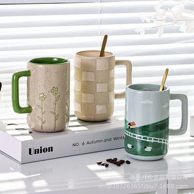 Nordic high-style ceramic cute cartoon creative painted mug - minimalist coffee cup with textured finish for modern home decor