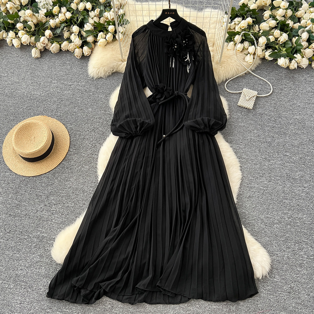 Frenchclassyelegancedress women's heavy industry beading stereo flower strap waist draped large swing pleated long skirt