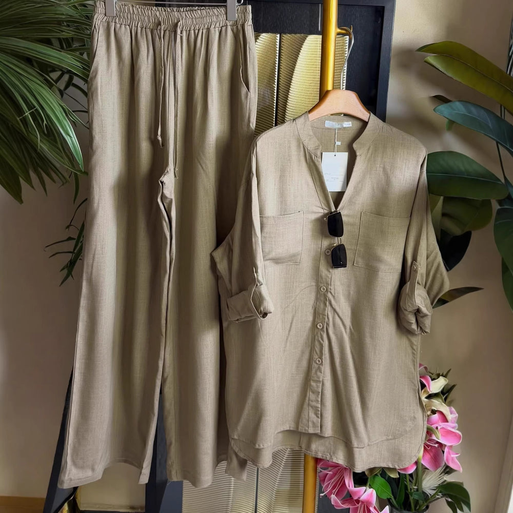 European and american cross-border women's clothing  summer new collection: casual, effortless style, loose-fit long sleeve shirt and wide-leg pants set