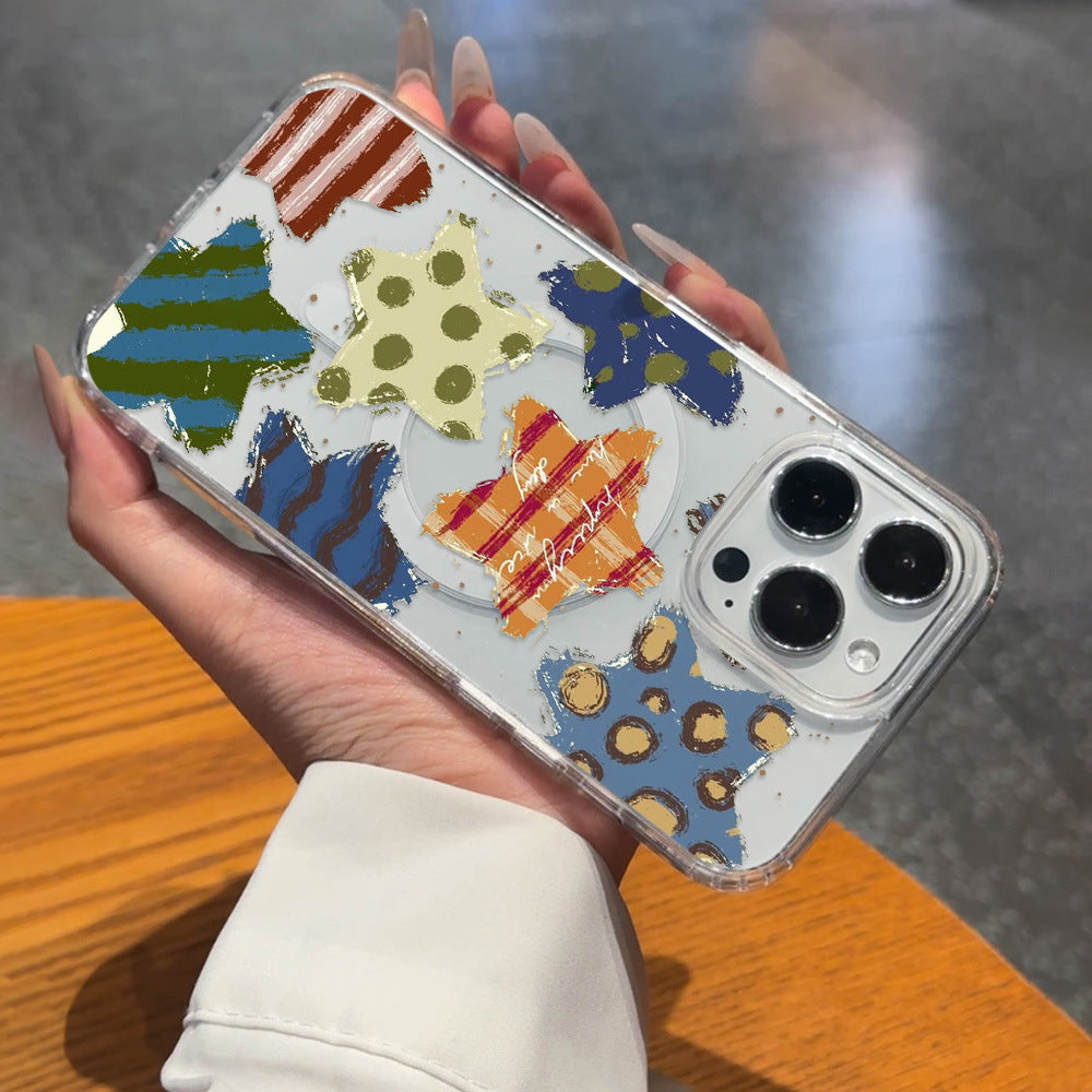 Doodle star polka dot iphone 17 case, apple 16 pro max magnetic shockproof transparent soft case 15