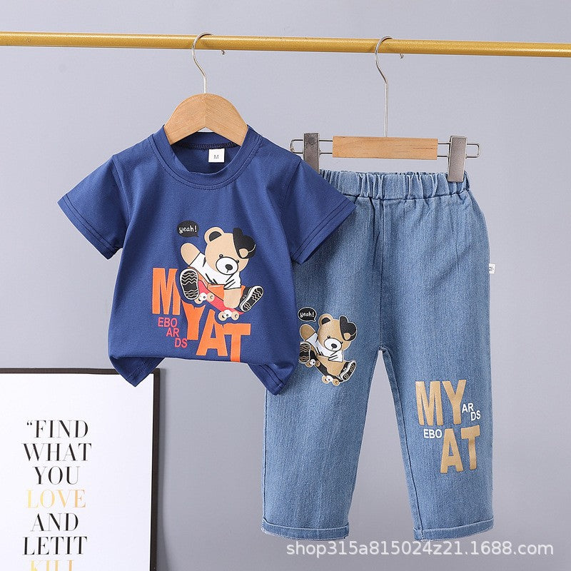 Summer  new arrivals: 0-5 year old kids' cartoon car & animal print crewneck short sleeve & denim pants two-piece cotton set