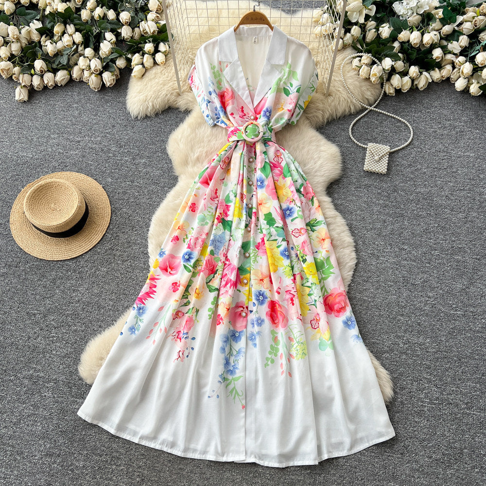 Korean style v-neck tie-waist printed dress - women's summer sleeveless floral maxi a-line dress - high waist, commute-friendly