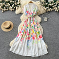 Korean style v-neck tie-waist printed dress - women's summer sleeveless floral maxi a-line dress - high waist, commute-friendly
