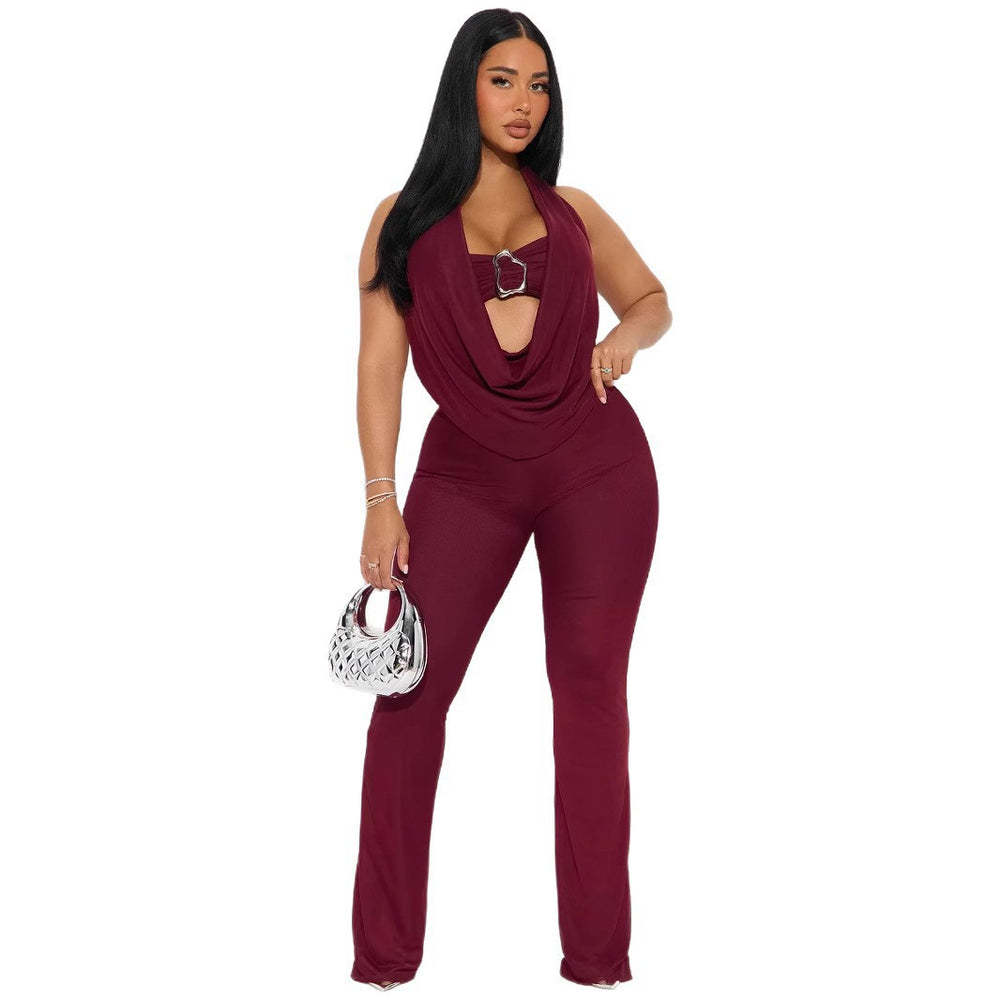 European and american summer new women's cross-border sexy metallic embellished off-the-shoulder bandeau halter top slim-fit pants set