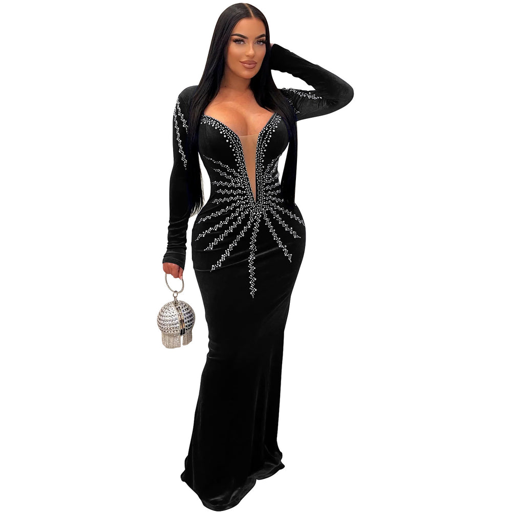 C6827 cross-border   fashion women's solid color sexy rhinestone long sleeve maxi dress