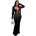 C6827 cross-border   fashion women's solid color sexy rhinestone long sleeve maxi dress