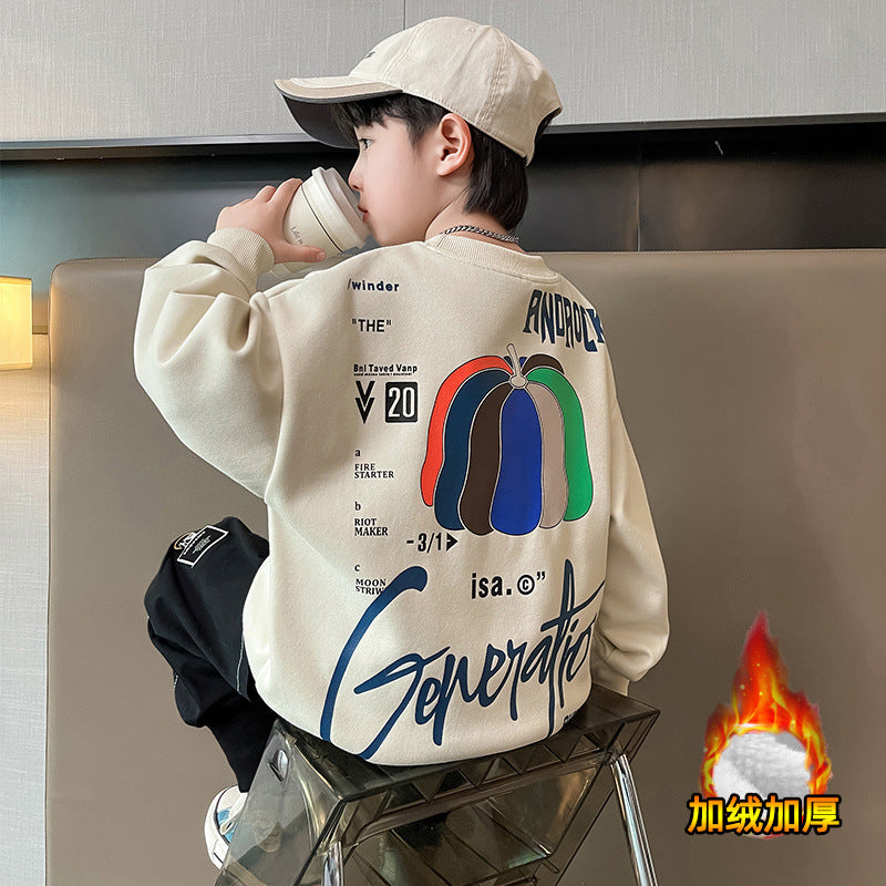 Kids'  autumn/winter fashion letter print loose fit casual fleece-lined sweatshirt - stylish and cool long sleeve for boys