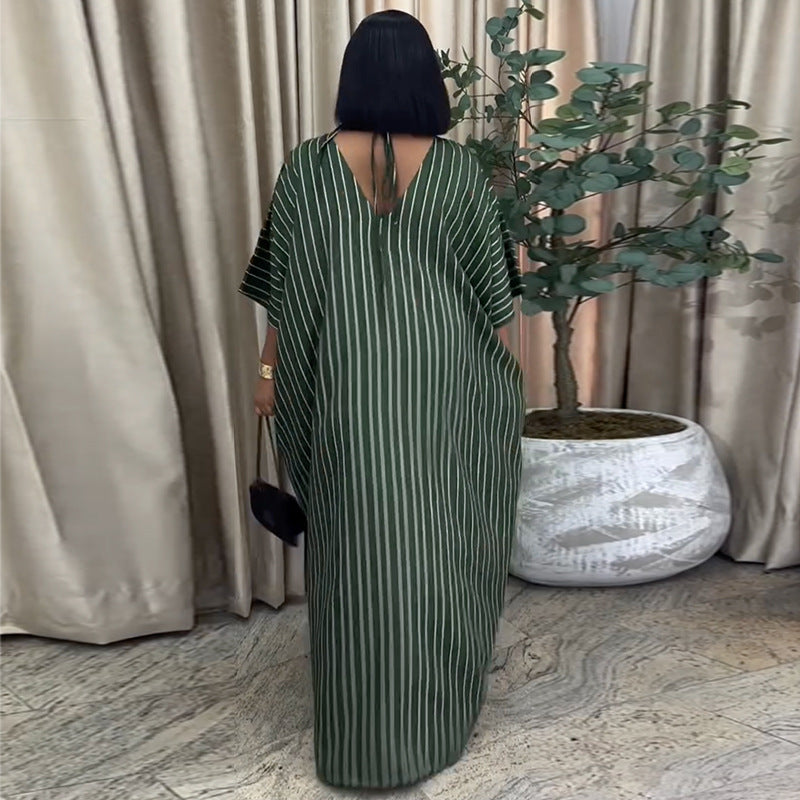 European and american cross-border african women's clothing  spring new arrival: elegant v-neck green striped bowknot loose dress