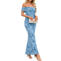 C7761 cross-border  new women's off-the-shoulder blue floral mesh bodycon mermaid dress - perfect for vacation