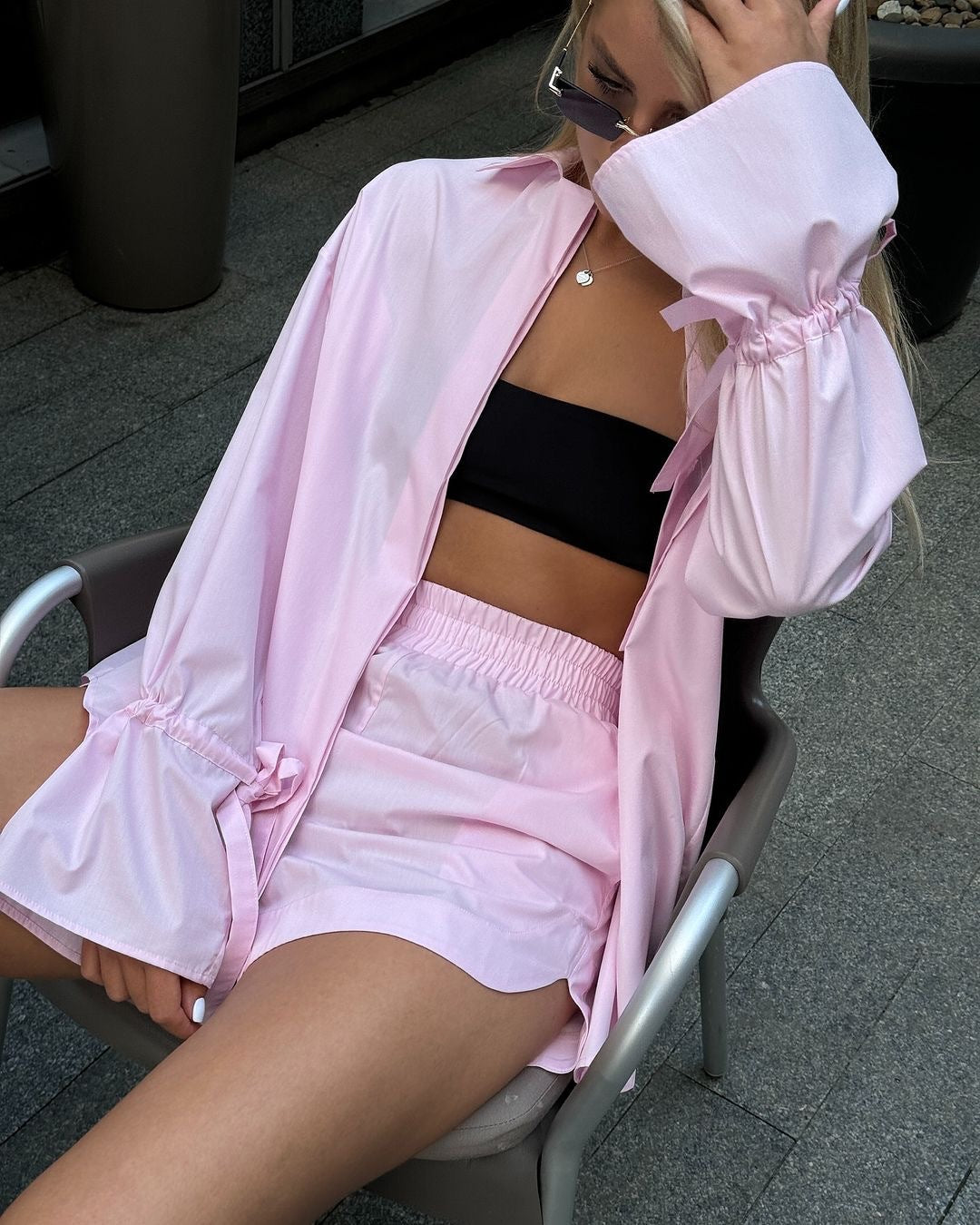 Europe and the United States  2025 spring loose casual suit women's 100% cotton lace-up petal sleeve cardigan shorts two-piece set