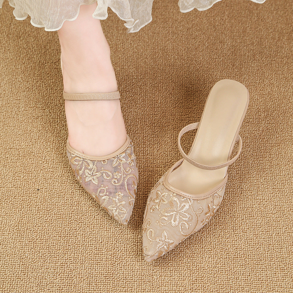 export women's shoes 2026 summer new mesh embroidered pointed toe stiletto heel elegant closed-toe high heel mule sandals