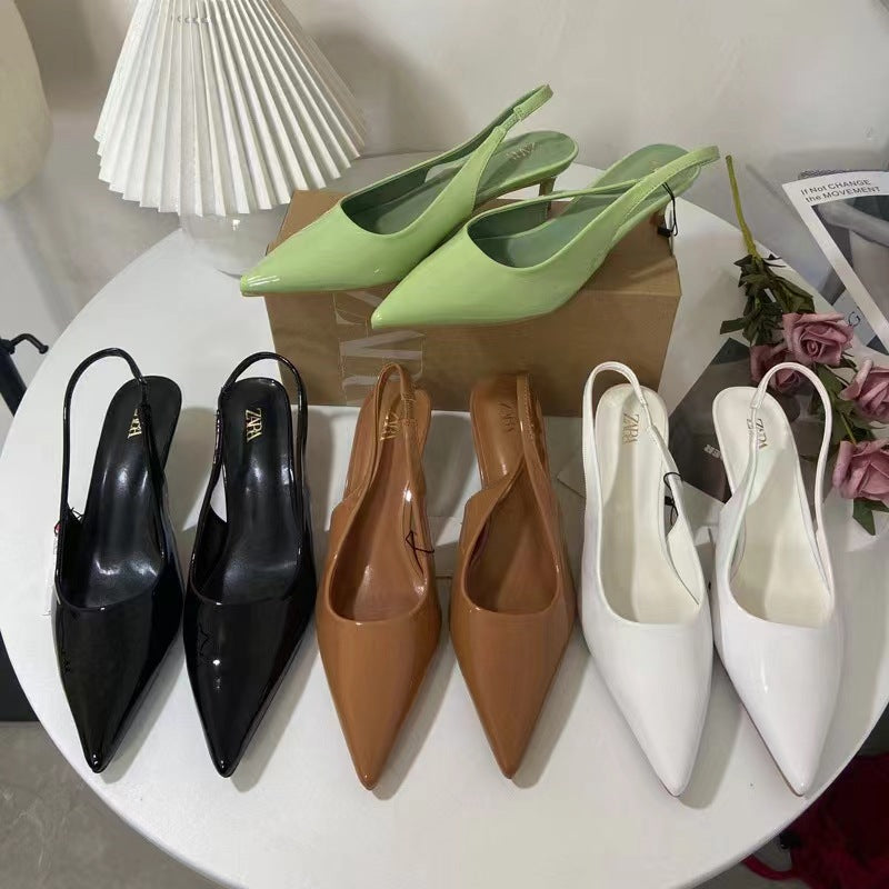 Za summer new women's shoes 2024 brown french chic open-back high heel mules low-mid heel pointed toe sandals