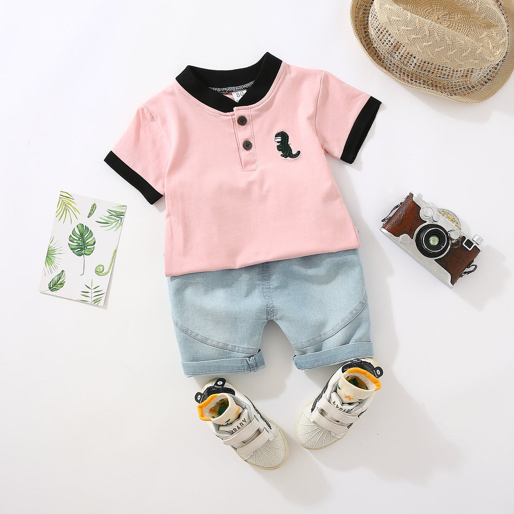 Kids' polo shirt set, 0-5 years old, embroidered dinosaur short-sleeve t-shirt and shorts 2-piece set, cross-border e-commerce