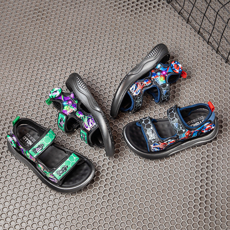 Summer new boys cartoon trend lights sports beach shoes small middle-aged children polyurethane sole casual soft-soled sandals