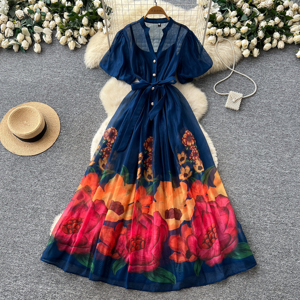French riviera style v-neck puff sleeve floral print dress - women's summer midi dress with cinched waist and flared skirt
