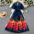 French riviera style v-neck puff sleeve floral print dress - women's summer midi dress with cinched waist and flared skirt