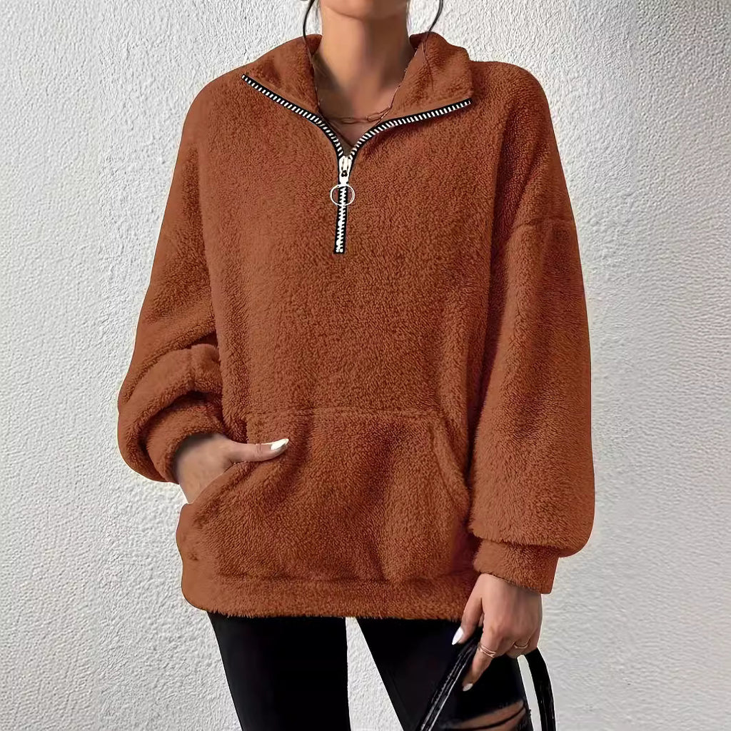 new product 2025 European and American  leisure autumn and winter Mao Mao zipper women's stand-up collar pocket sweater women's clothing