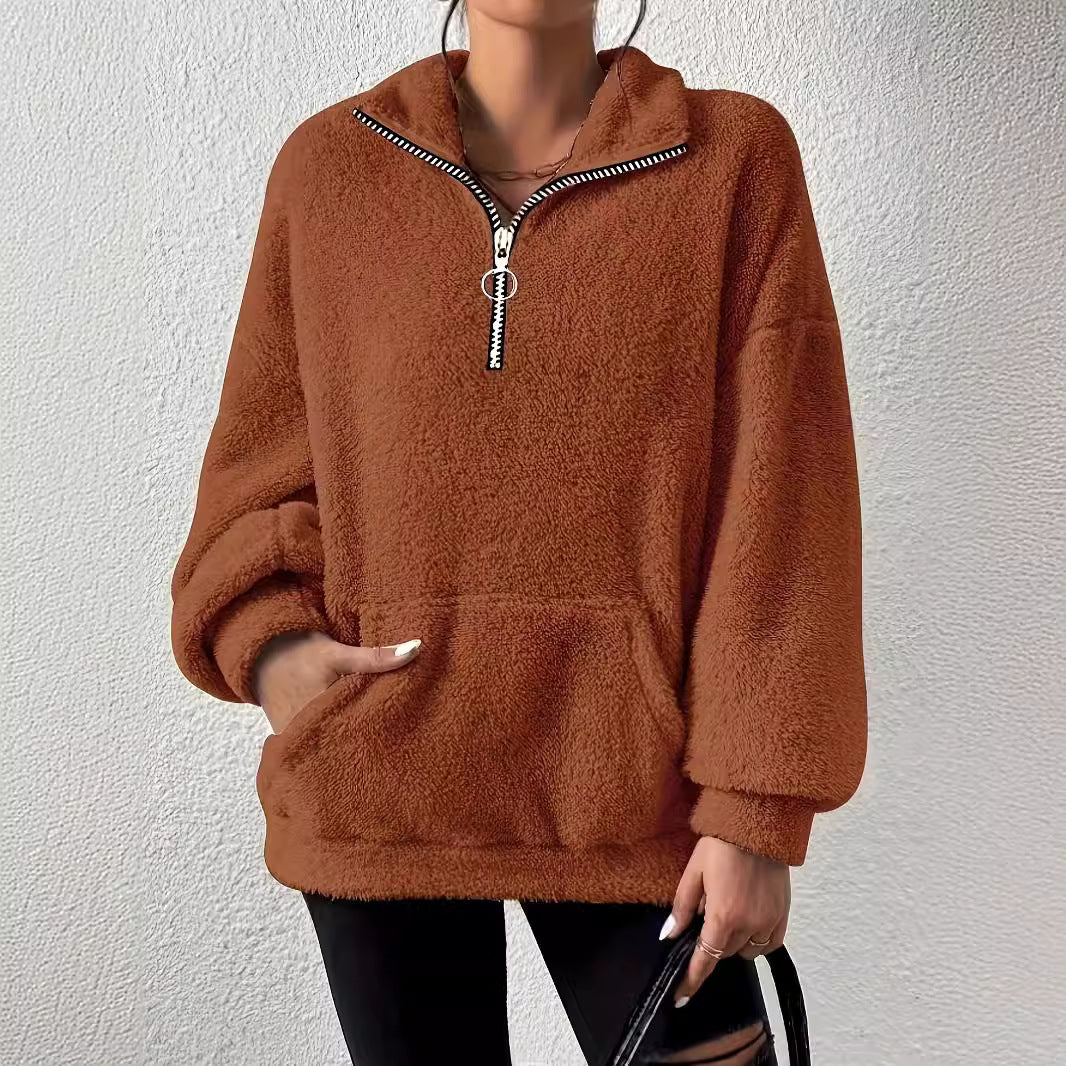 new product 2025 European and American  leisure autumn and winter Mao Mao zipper women's stand-up collar pocket sweater women's clothing
