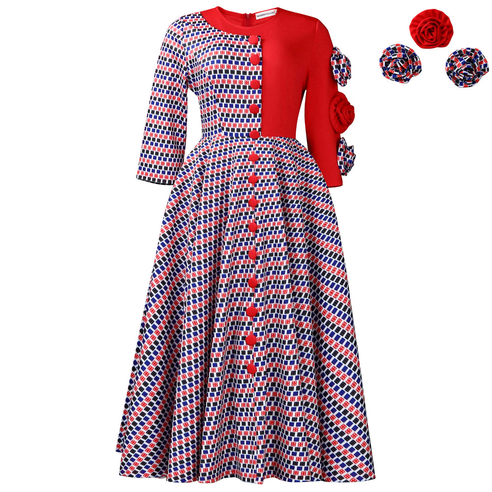D598 women's foreign trade cross-border new fashion elegant round neck three-quarter sleeve printed patchwork african dress