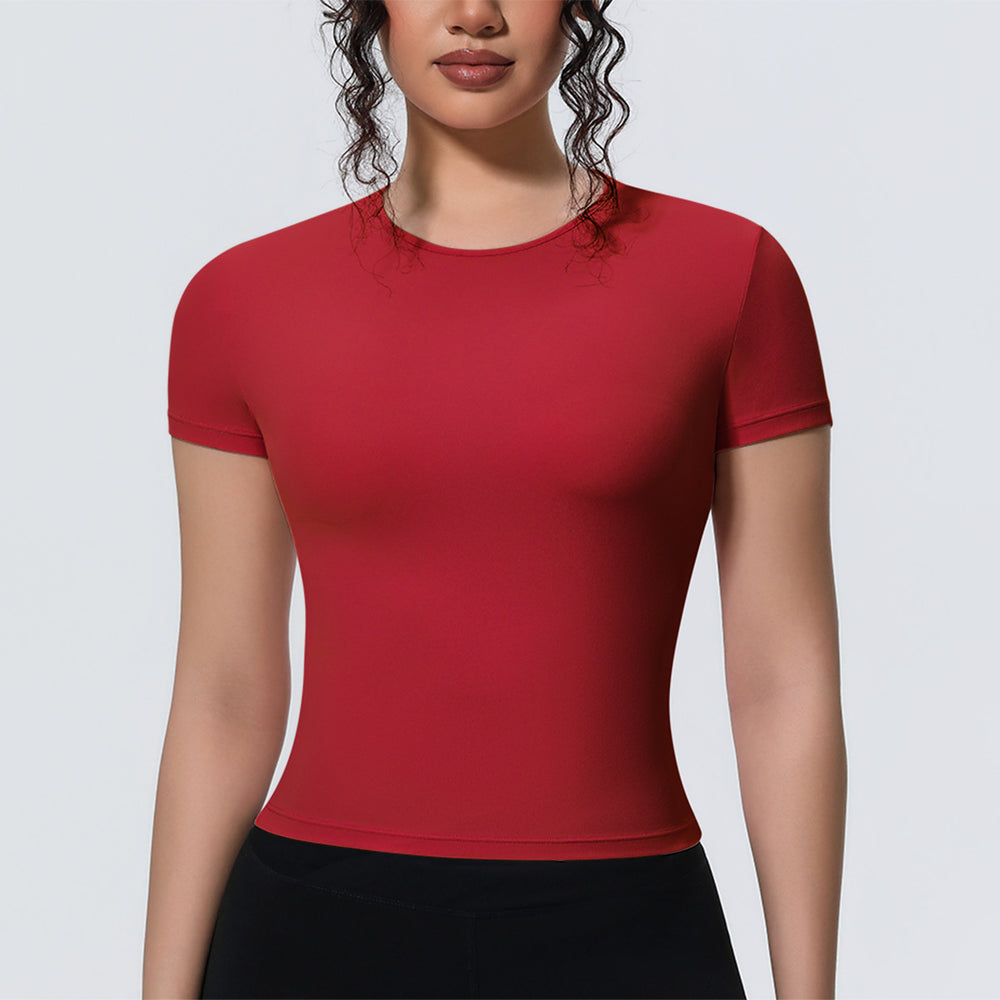 new arrival sports nude waist silm short-sleeved breathable yoga clothes t-shirt running training fitness tops for women