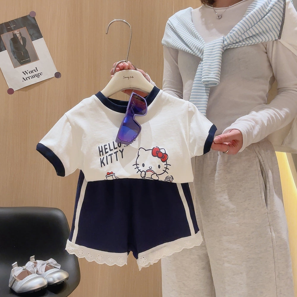 Girls' summer outfit set, new  korean style cartoon kt print short sleeve and shorts, class a pure cotton sweet set