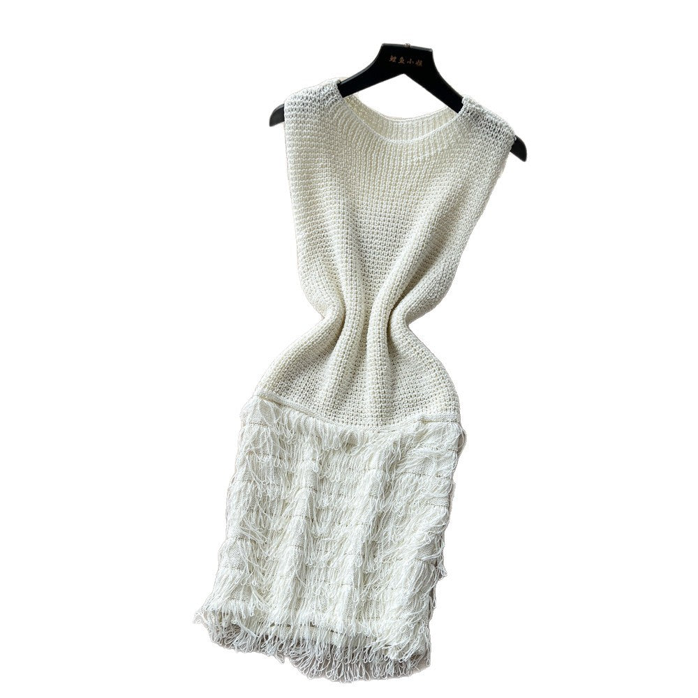 Korean style sleeveless knitted fuzzy dress - women's summer high-waisted slimming a-line dress for work and casual wear