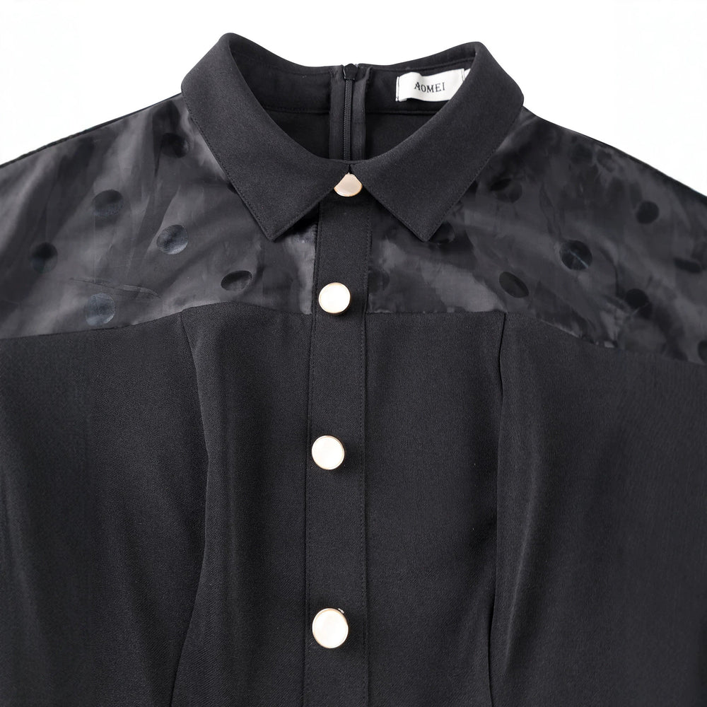 Trendy new mesh polka dot dress - cinched waist, shirt collar, black commute-ready retro style dress