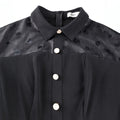 Trendy new mesh polka dot dress - cinched waist, shirt collar, black commute-ready retro style dress
