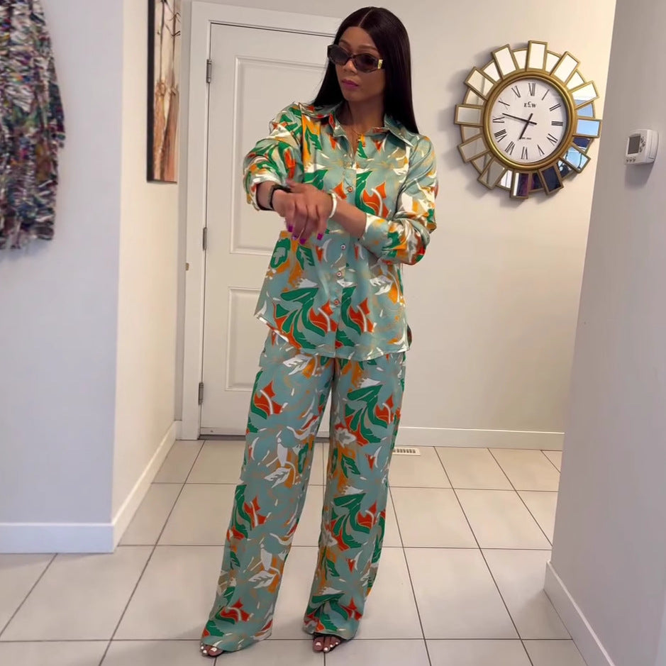 European and American fashion women's clothing lapel collar long-sleeved cardigan shirt trousers women's African temperament foreign style women's new two-piece set