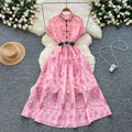 Belted dress -  summer collection: figure-flattering, slim-fit, french-inspired vintage short-sleeve printed maxi dress with a flowy hem