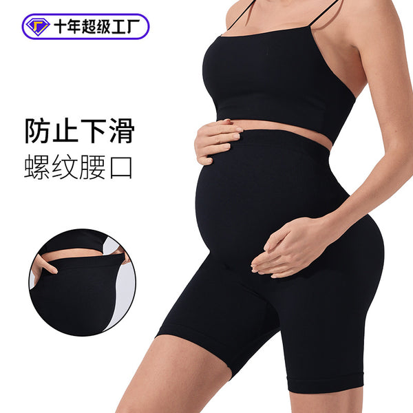New seamless maternity leggings women's threaded waist does not fall off maternity pants black slim-fit sports five-point pants