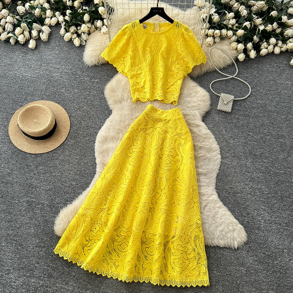 French chic lace two-piece set: elegant round neck short sleeve top & high-waisted midi skirt - perfect for summer