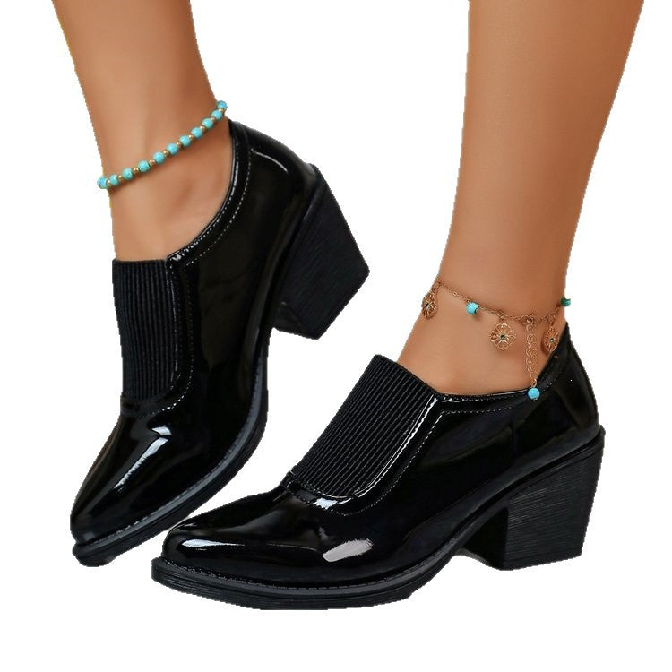 Export patchwork elastic pointed toe women's shoes thick heel deep mouth plus sizeflatsretro medium heel fashion professional small leather shoes