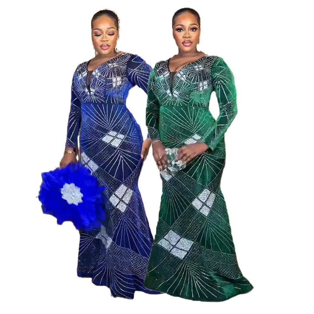Shiny silk fabric hotfix rhinestone full body sequined mermaid hem stretch fabric european and american african performance runway evening gown