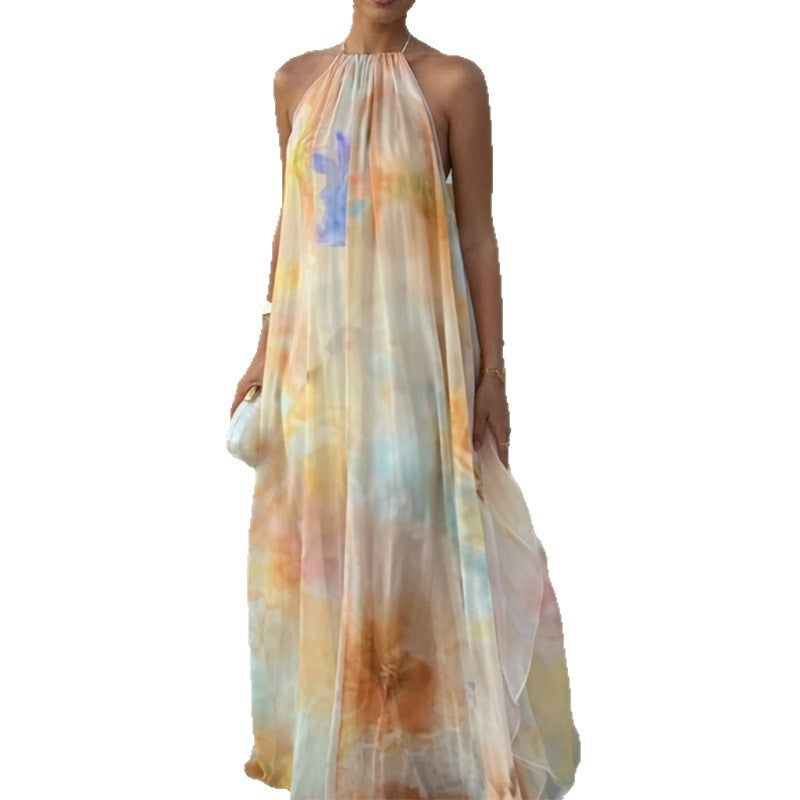 women's summer new arrivals: export-quality, cross-border fashion - elegant, loose-fit, printed halter neck tie-back dress