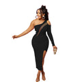 X6286   fashion women's solid color one-shoulder mesh single long sleeve maxi dress