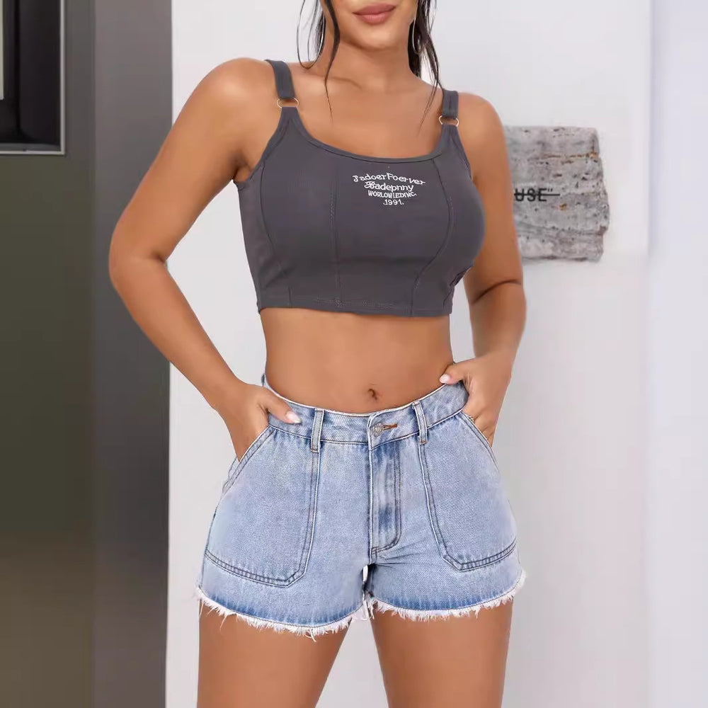 65366#  cross-border women's fashion ins new casual high-waisted denim shorts