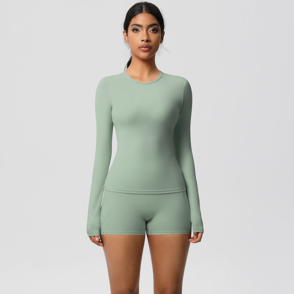 European and american solid color slim-fit long sleeve t-shirt yoga outfit set - high-waisted, barely-there feel, quick-dry activewear two-piece set for running and fitness