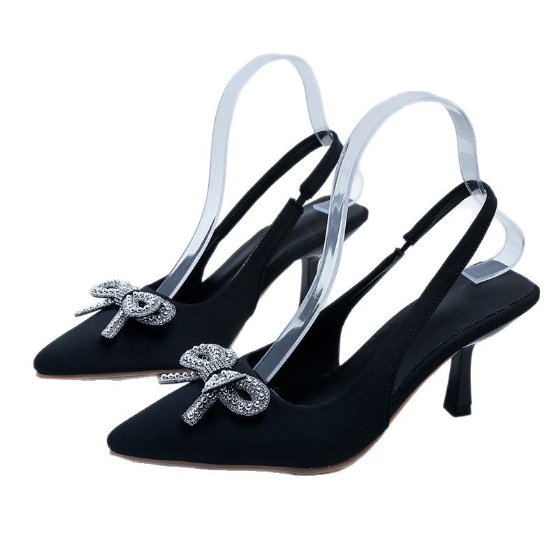 2026 new women's high heel sandals - pointed toe, ankle strap with bow, rhinestone chain detail, stiletto heel, low-cut pumps