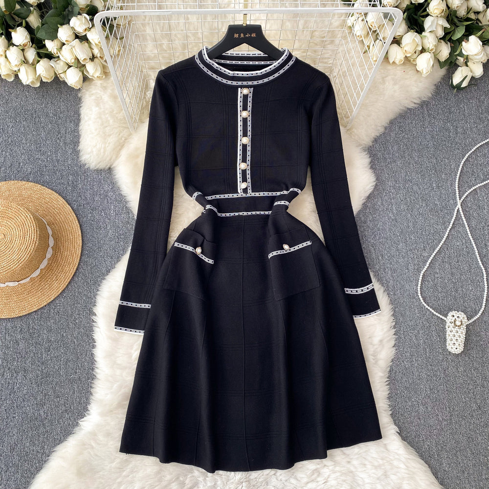 Luxury french-style knitted dress for women - autumn/winter long sleeve, cinched waist, unique design, elegant socialite style