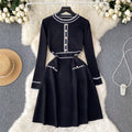Luxury french-style knitted dress for women - autumn/winter long sleeve, cinched waist, unique design, elegant socialite style