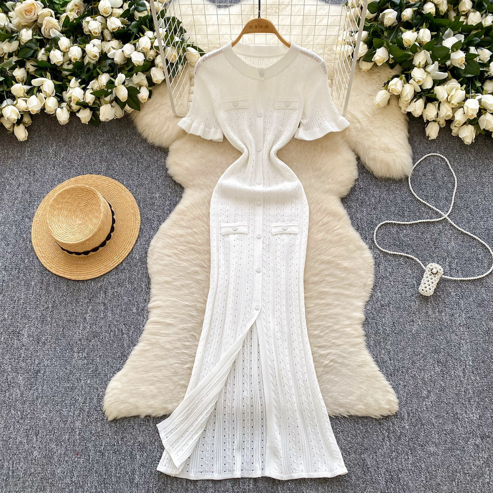 European and american style minimalist knitted dress - women's summer single-breasted hollow-out slimming design - light luxury elegant maxi dress