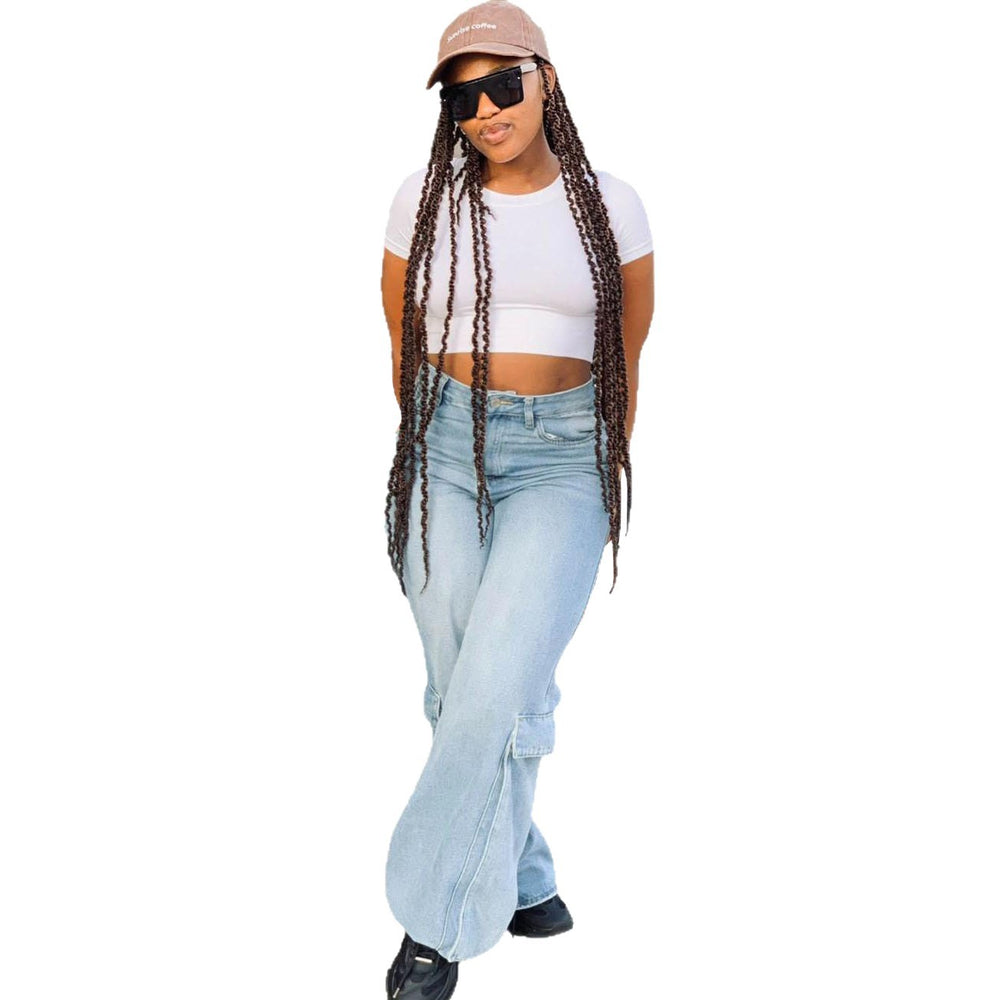 European and american style denim workwear pants  cross-border new arrival women's american street style large flap pocket pants high waiststraight-leg pants